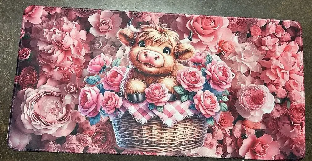 Highland Cow Floral Computer Desk Mat 24x11